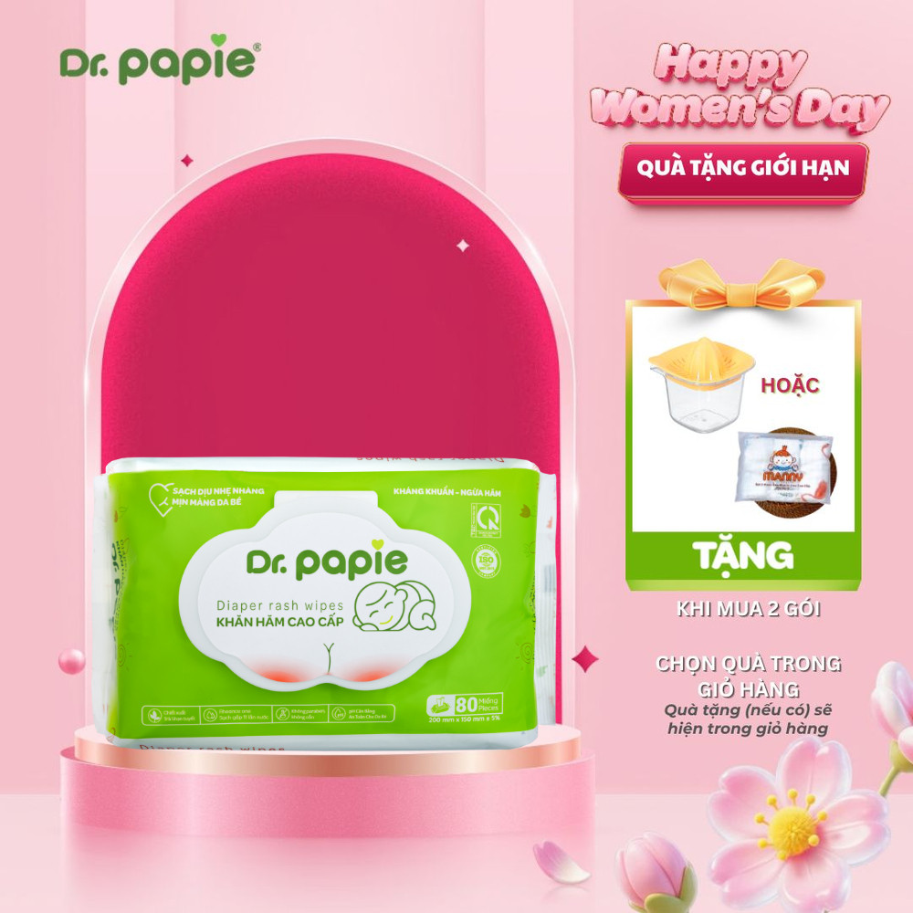 Khăn Hăm Giảm Hăm Phục Hồi Làm Lành Da Hăm Dr.Papie Hương Trà Trắng Khử Mùi Lành Tính (80 khăn/bịch)