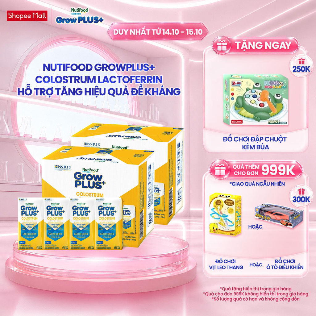 Combo 2 Thùng 24 hộp Sữa bột pha sẵn Nutifood Sweden GrowPLUS+ Colostrum Lactoferrin 110ml