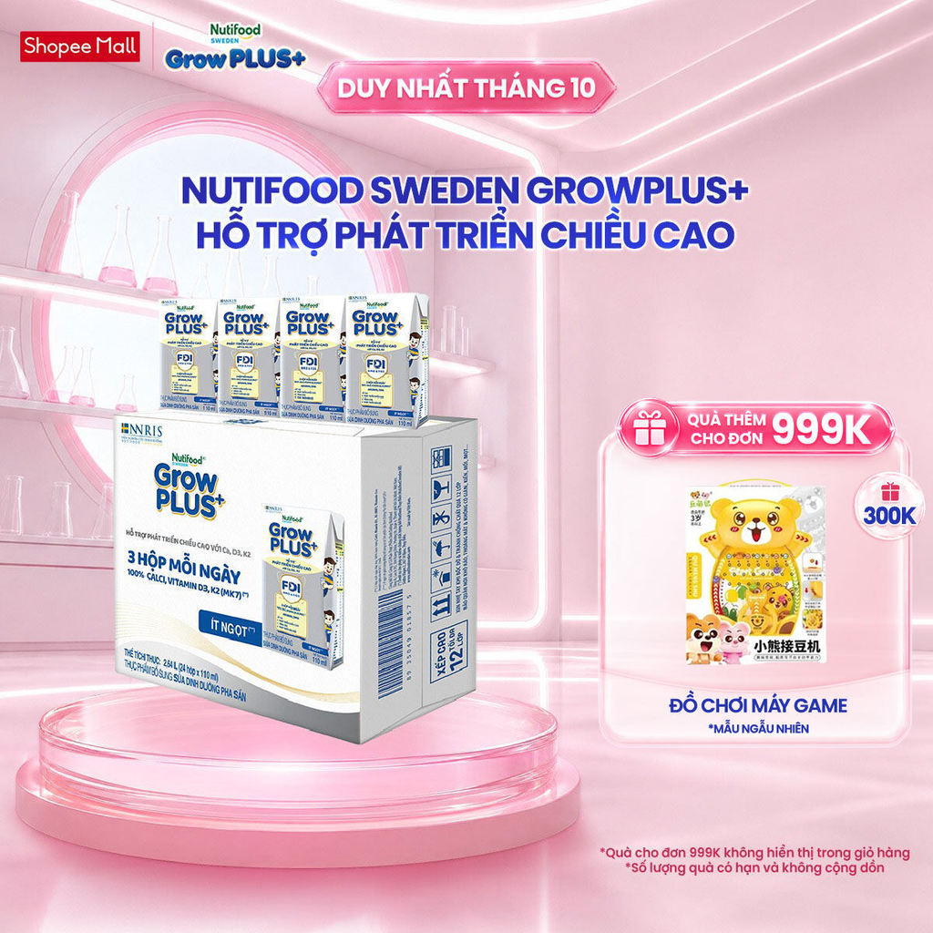 Thùng 24 hộp Sữa Bột Pha Sẵn Nutifood Sweden GrowPLUS+ Cao lớn vượt trội Height hộp 110 ml