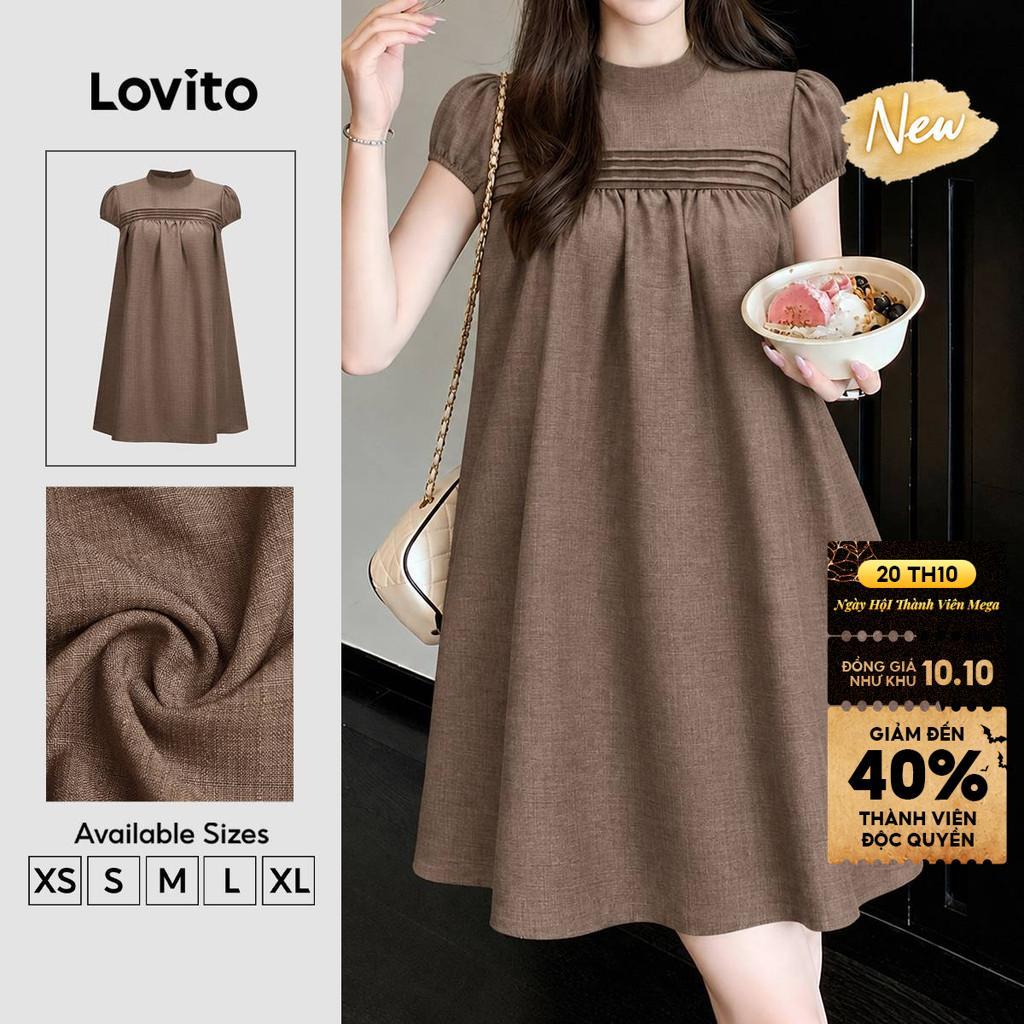 (New Arrival) Lovito Đầm nữ ngắn dáng chữ a xếp Ly màu Kaki Phong cách thường ngày Cho mùa xuân hè mặc cuối tuần DRK10P1D1168