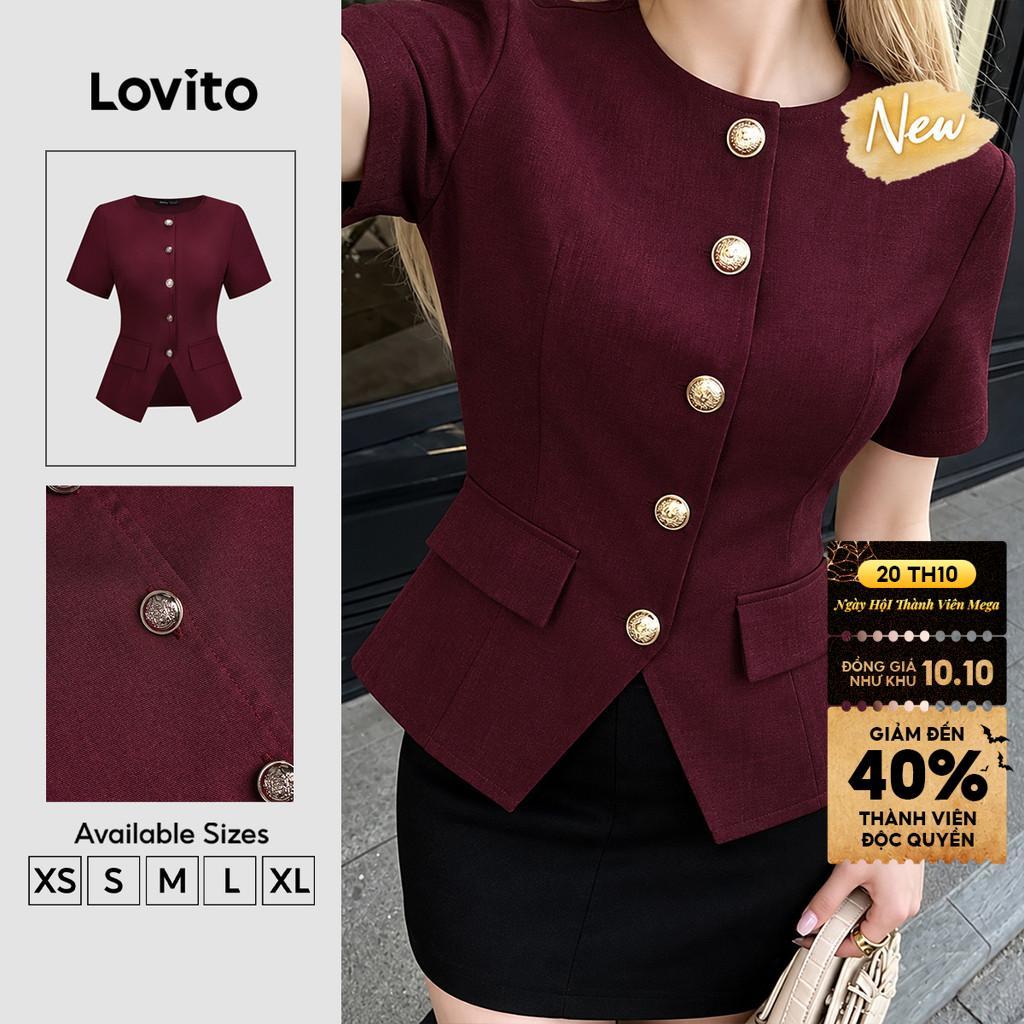 (New Arrival) Lovito Áo kiểu nữ màu đỏ Vang Thanh lịch Tay ngắn cổ tròn cài cúc túi giả mặc đi làm mùa xuân hè và Tết Nguyên đán BLK10P1D1060