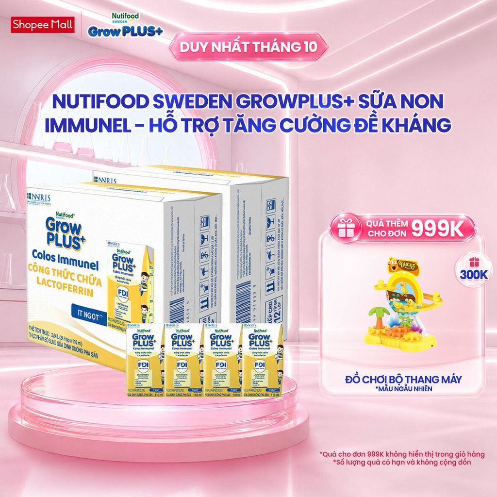 Combo 2 Thùng 24 hộp Sữa Bột Pha Sẵn Nutifood Sweden GrowPLUS+ Sữa Non Immunel hộp 110 ml (Bao bì tuỳ lô hàng)