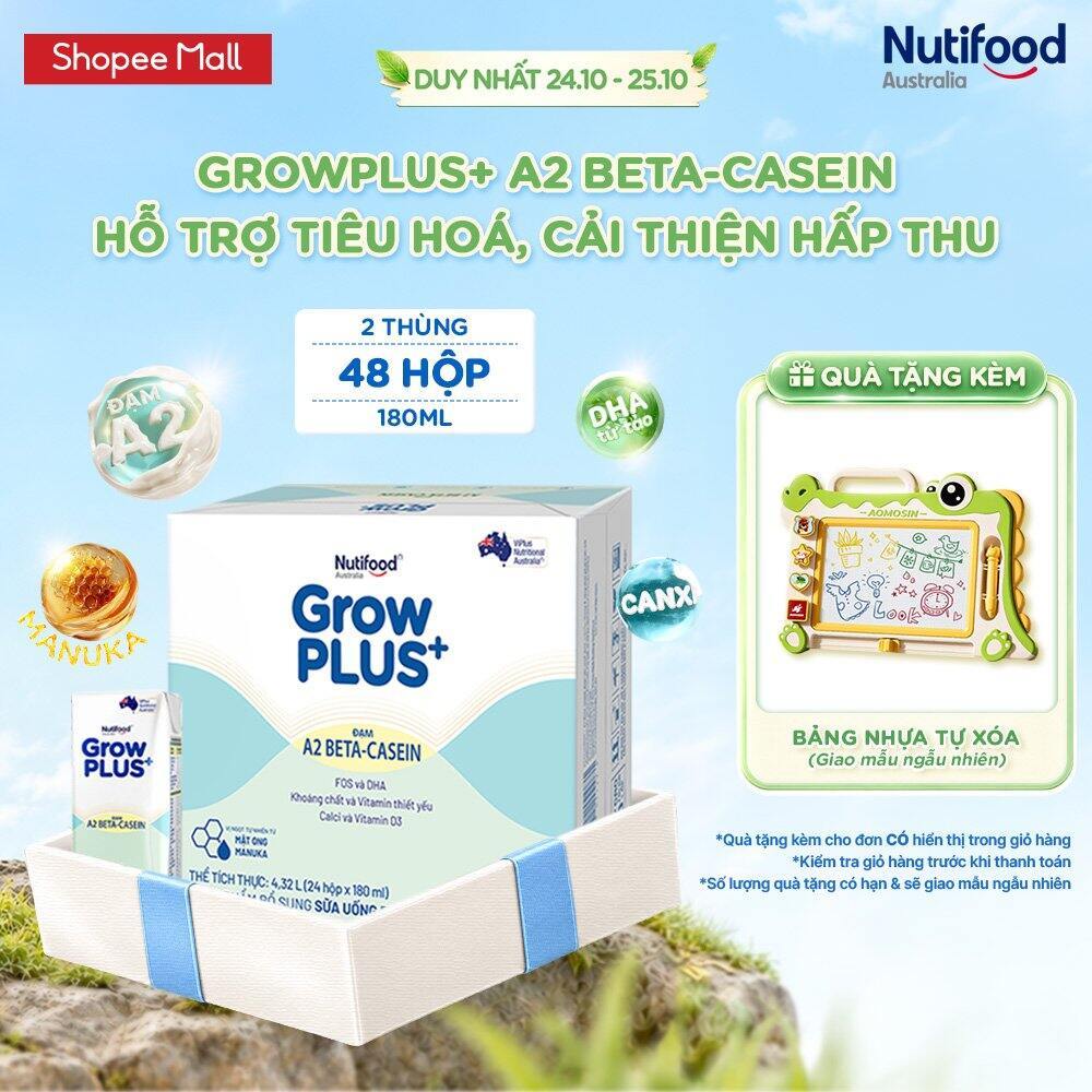 Combo 2 Thùng 24 hộp Sữa bột pha sẵn GrowPLUS+ Đạm A2 Beta-Casein 180ml hỗ trợ tiêu hóa, hấp thu dưỡng chất