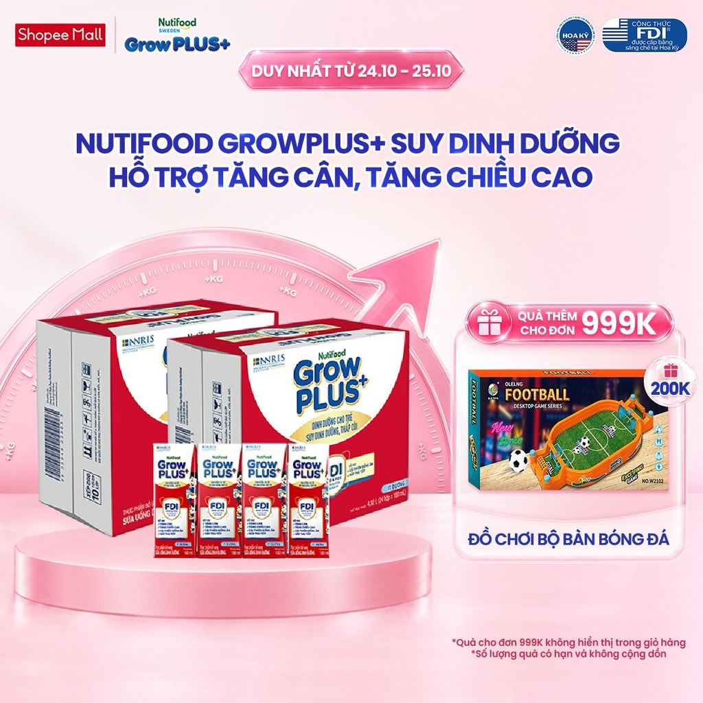 Thùng SBPS Nutifood GrowPLUS+ ít đường Suy Dinh Dưỡng - Tăng Cân, Tăng Chiều Cao (48 Hộp x 180ml) (Bao bì tùy lô hàng)