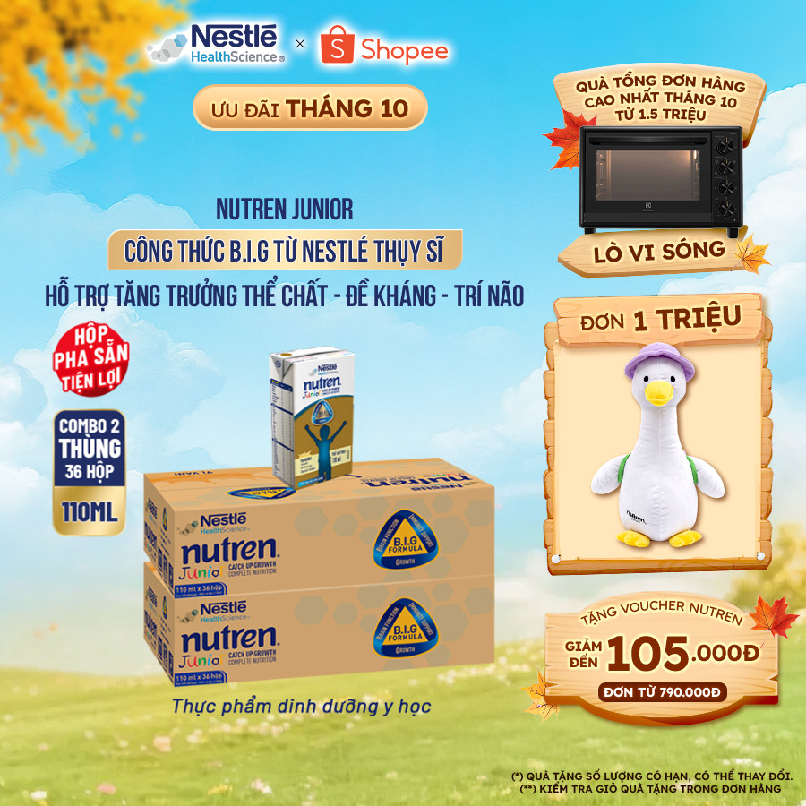 Bộ 2 Thùng 36 Hộp Sữa Pha Sẵn NESTLÉ NUTREN JUNIOR Thụy Sĩ Công Thức BIG Tăng Trưởng 110ML