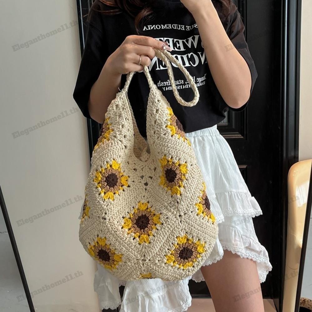 Túi Tote Móc GUSTAVA, Túi Đeo Vai Dệt Phong Cách Nghệ Thuật Móc Tay, Sợi Móc Vintage Nhìn Rỗng Thiết Kế Họa Tiết Bohemian Túi Hoa Rỗng Sử Dụng Bãi Biển