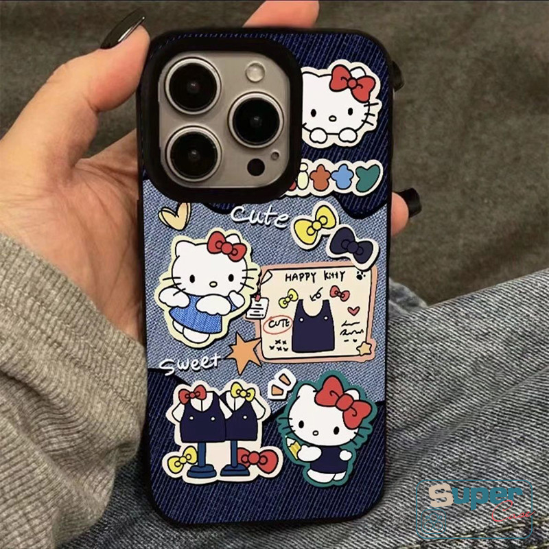 Ốp Lưng Tương Thích Cho IPhone 13 11 16 17 15 14 12 Pro Max Air 12 16 15 14 17 13 Pro 8 16 15 14 6 6s 7 Plus XR X XS Max SE 2020 Thời Trang Denim Dễ Thương Hello Kitty Bìa mềm Bowknot Star