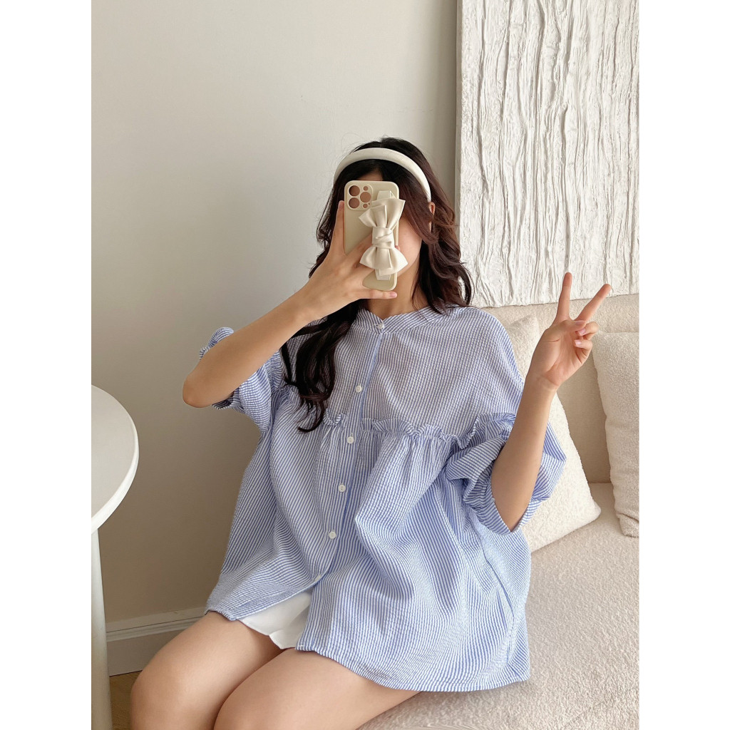 Áo kiểu babydoll tay ngắn phối bèo thiết kế tay phồng cổ trụ thời trang hàn quốc sang trọng, xinh xắn- A199