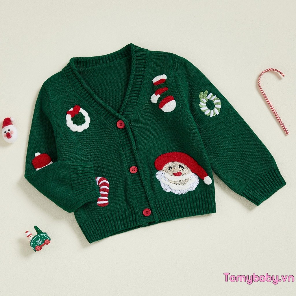 Áo len Cardigan Giáng sinh cho bé Santa Candy Cane Vòng hoa Nút xuống cổ chữ V Áo dệt kim dài tay