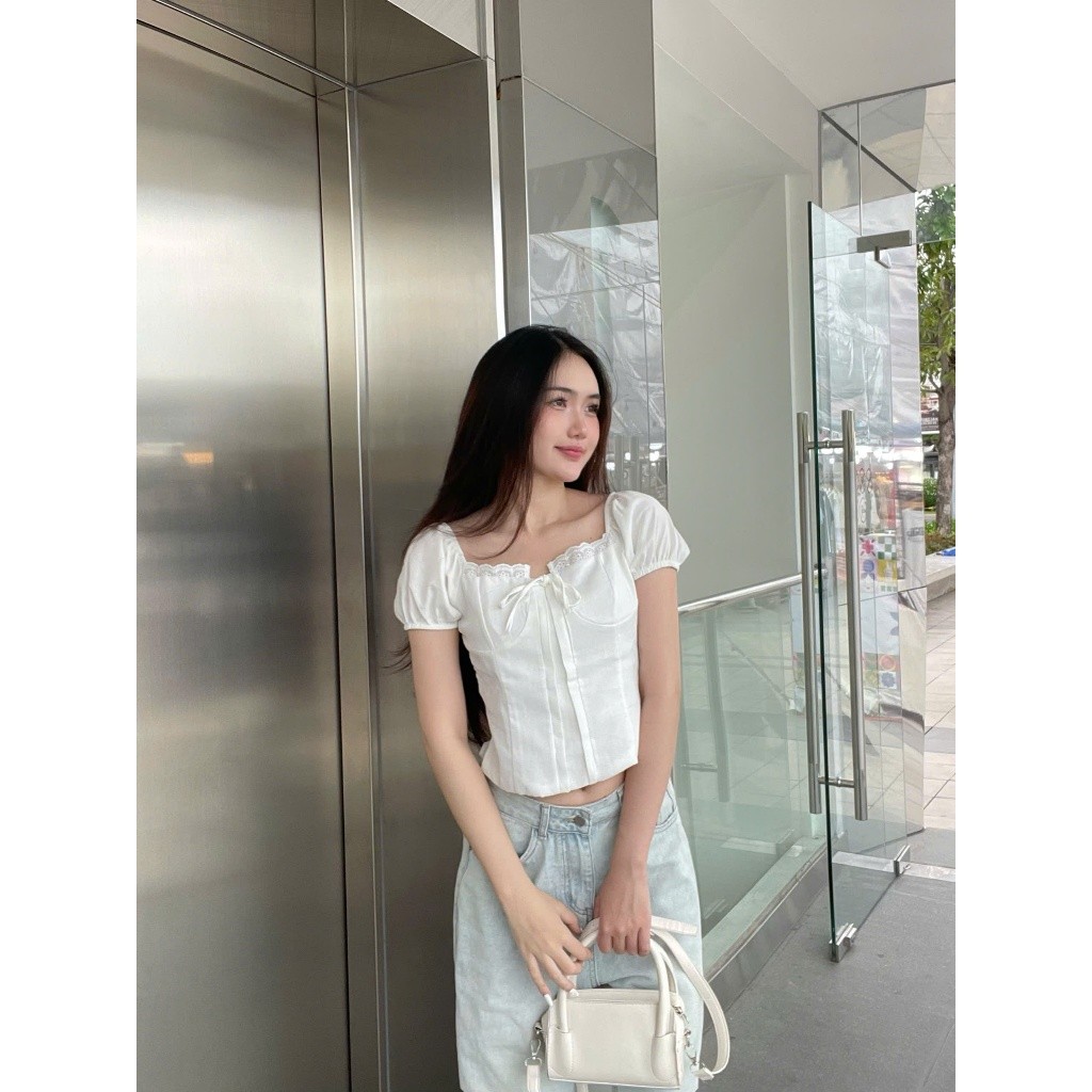 Áo Kiểu Linen Viền Ren Tay Bo - Rattit Top MA 380