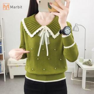 Áo len Hàn Quốc có nơ ngọt ngào và cổ búp bê, thiết kế tay dài rời, đính hạt - Phù hợp mặc hàng ngày