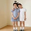 ✿ Bé Gái Hàn Quốc Preppy Puff Tay Đầm Nút Xuống Cổ Xù Viền Mùa Hè Thoáng Khí Trang Phục