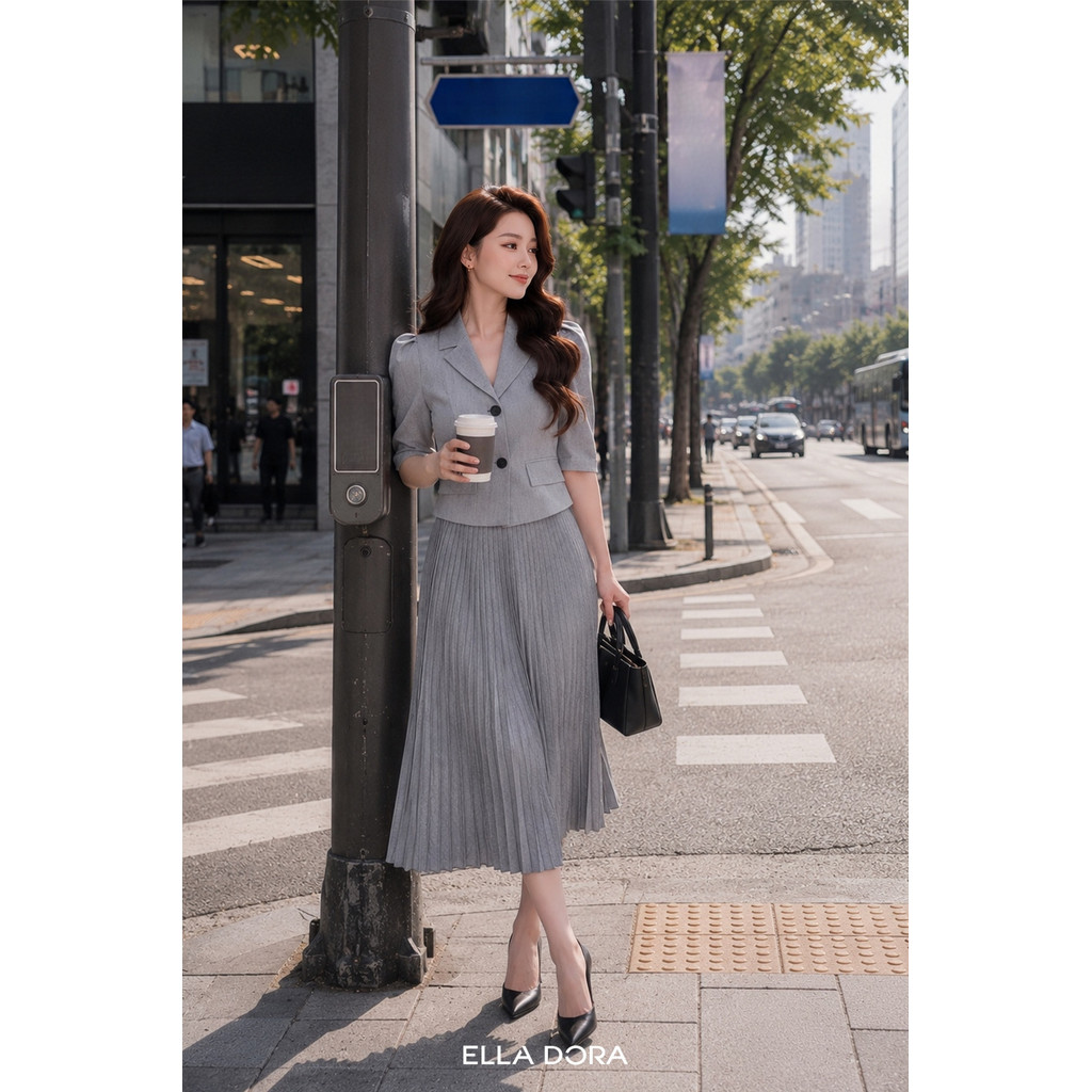Set đồ công sở ELLA DORA áo cổ ve tay bồng phối chân váy xếp ly form gọn thanh lịch [AK22 + CLT06]
