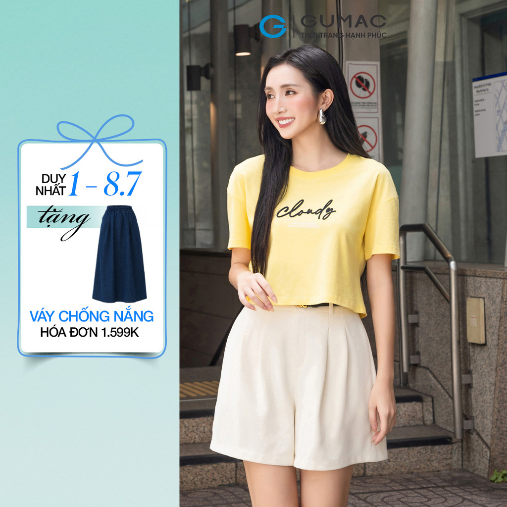 Áo thun nữ GUMAC màu vàng - trắng form lửng ôm nhẹ thêu đắp viền cloudy cotton  ATF04022