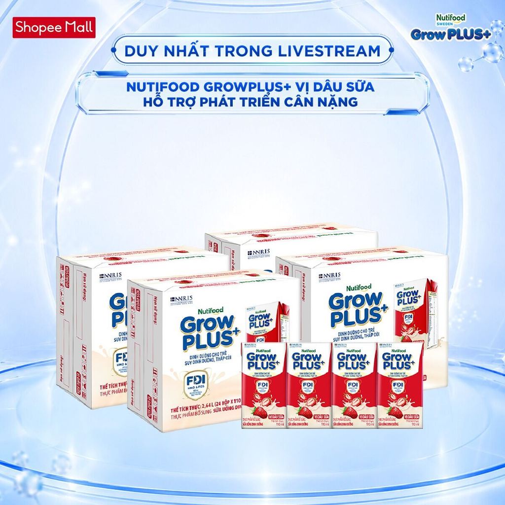[Livestream KOL] Combo 4 Thùng 24 hộp Sữa bột pha sẵn Nutifood GrowPLUS+ Vị Dâu Sữa hộp 110ml