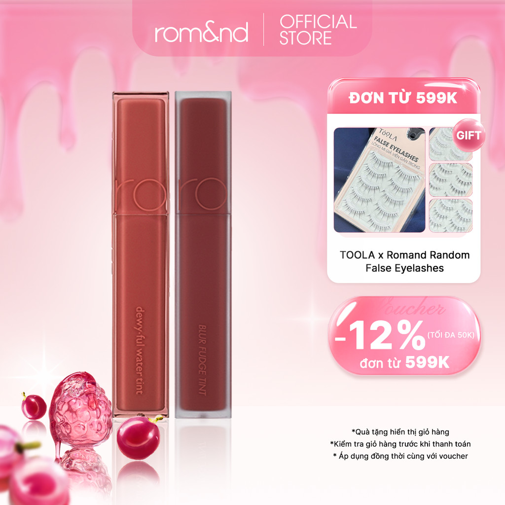 Combo Son kem siêu lì Romand Blur Fudge Tint 5g + Son tint bóng, siêu lì Romand Dewyful Water Tint 5g