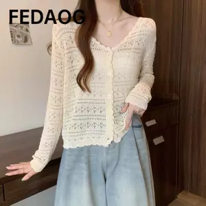 Áo len dệt kim FEDAOG, Áo dài tay mỏng chống nắng, Áo khoác ngoài cổ chữ V rỗng thông thường dành cho nữ
