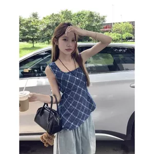Áo yếm không tay kẻ sọc màu xanh cổ điển dành cho nữ Thiết kế mùa hè Niche Chic eo hẹp Áo khoác ngoài không tay