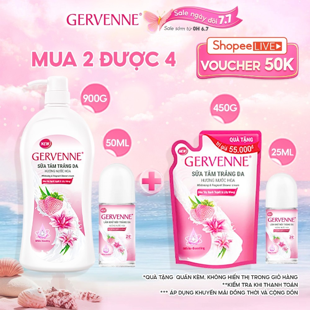 COMBO Sữa tắm trắng da Gervenne và Lăn khử mùi 50ml tặng quấn kèm túi sữa tắm 450g và lăn khử mùi 25ml
