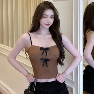 Pháp Pure Desire Ren Sling Ngực Pad Đôi Nơ rỗng Ngắn Slim-fit Inner Sweet Spicy Top