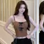 Pháp Pure Desire Ren Sling Ngực Pad Đôi Nơ rỗng Ngắn Slim-fit Inner Sweet Spicy Top