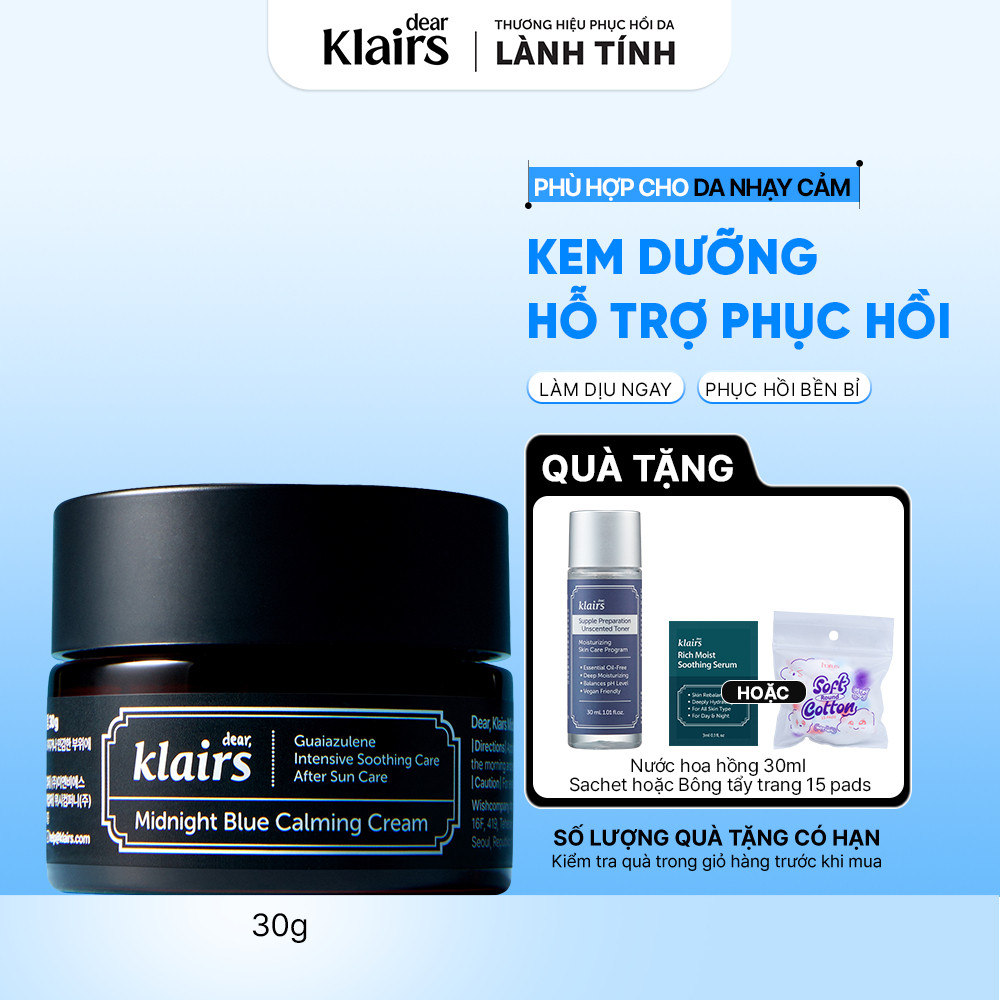 Kem dưỡng da Dear, Klairs Midnight Blue Calming Cream hỗ trợ cấp ẩm và phục hồi cho da 30g [FS]