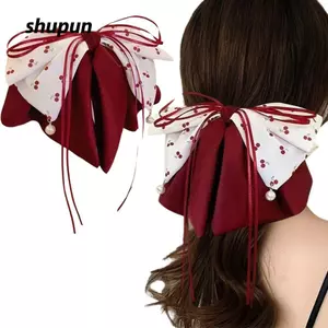 SHUPUN Cherry Nơ Ruy Băng Móng Vuốt Tóc, Cao Cấp Cảm Giác Siêu Cổ Tích Nữ Ruy Băng Móng Vuốt Tóc, Lưng Ngọt Ngào Đầu Updo Phong Cách Trung Hoa Vintage Kẹp Cá Mập Phụ Kiện Tóc