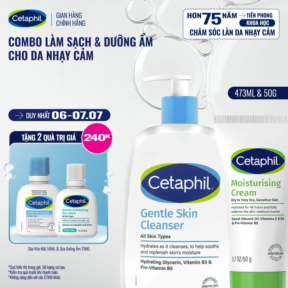 Combo Sữa rửa mặt Gentle Skin Cleanser 473ml + Kem dưỡng ẩm Cetaphil Moisturizing Cream 50g