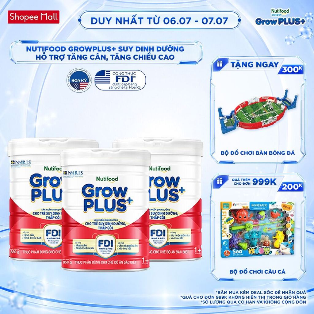Combo 3 Sữa Bột Nutifood GrowPLUS+ Đỏ (Suy Dinh Dưỡng) dành cho bé trên 1 tuổi (3 lon x 850g)