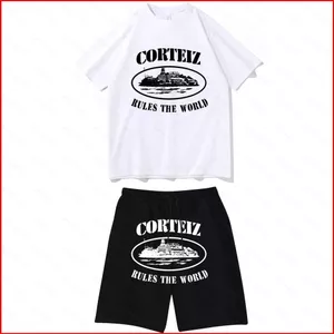 2 Cái / bộ Corteiz in chữ đen dạo phố Quần short áo thun ngắn tay Y2K