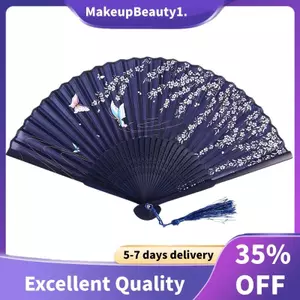 Quạt tay ren tre gấp, bướm xanh đậm và hoa trắng