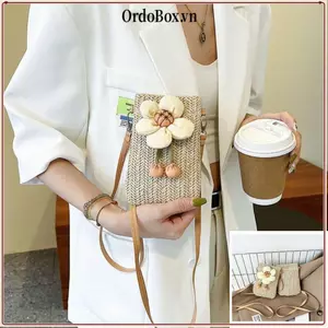 Túi Messenger ORDOBOX, Gói đeo vai điện thoại di động Mini, Túi cói ống hút dệt đi biển