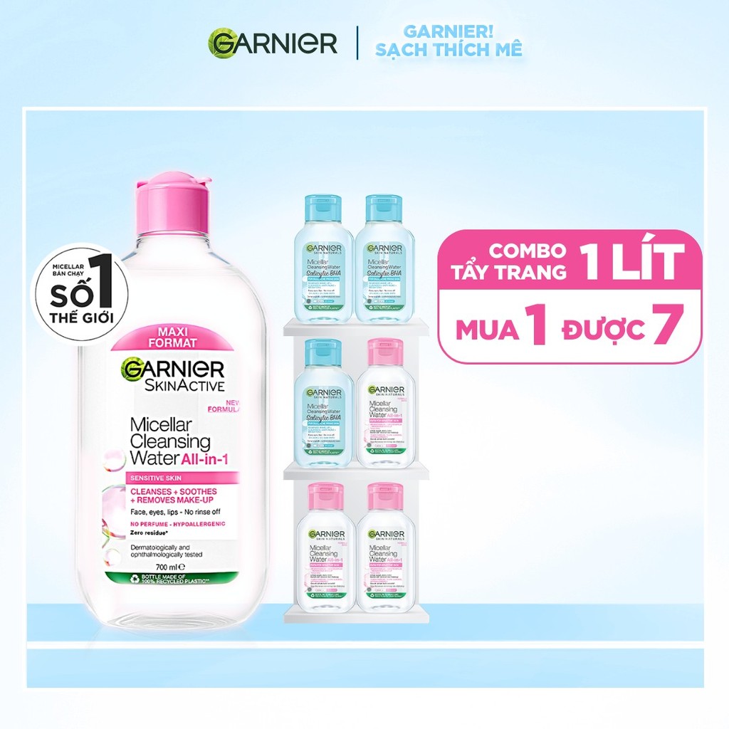 [MUA1 ĐƯỢC7] Bộ 1L Nước Tẩy Trang làm sạch sâu dịu nhẹ cho mọi loại da- Garnier Micellar Cleansing Water(700ml + 50mlx6)