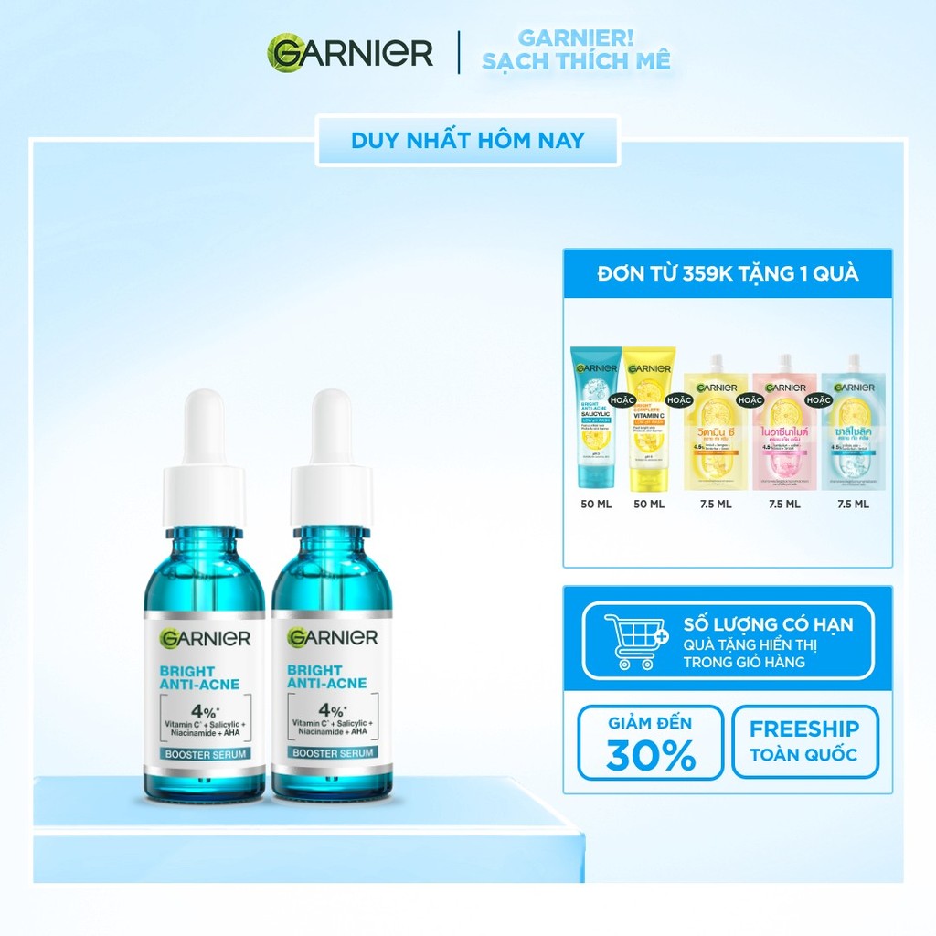 Bộ đôi dưỡng chất cho da dầu mụn Garnier Bright Complete Anti-Acne Serum 4% [Niacinamide, BHA, AHA, Vitamin C] 30mlX2