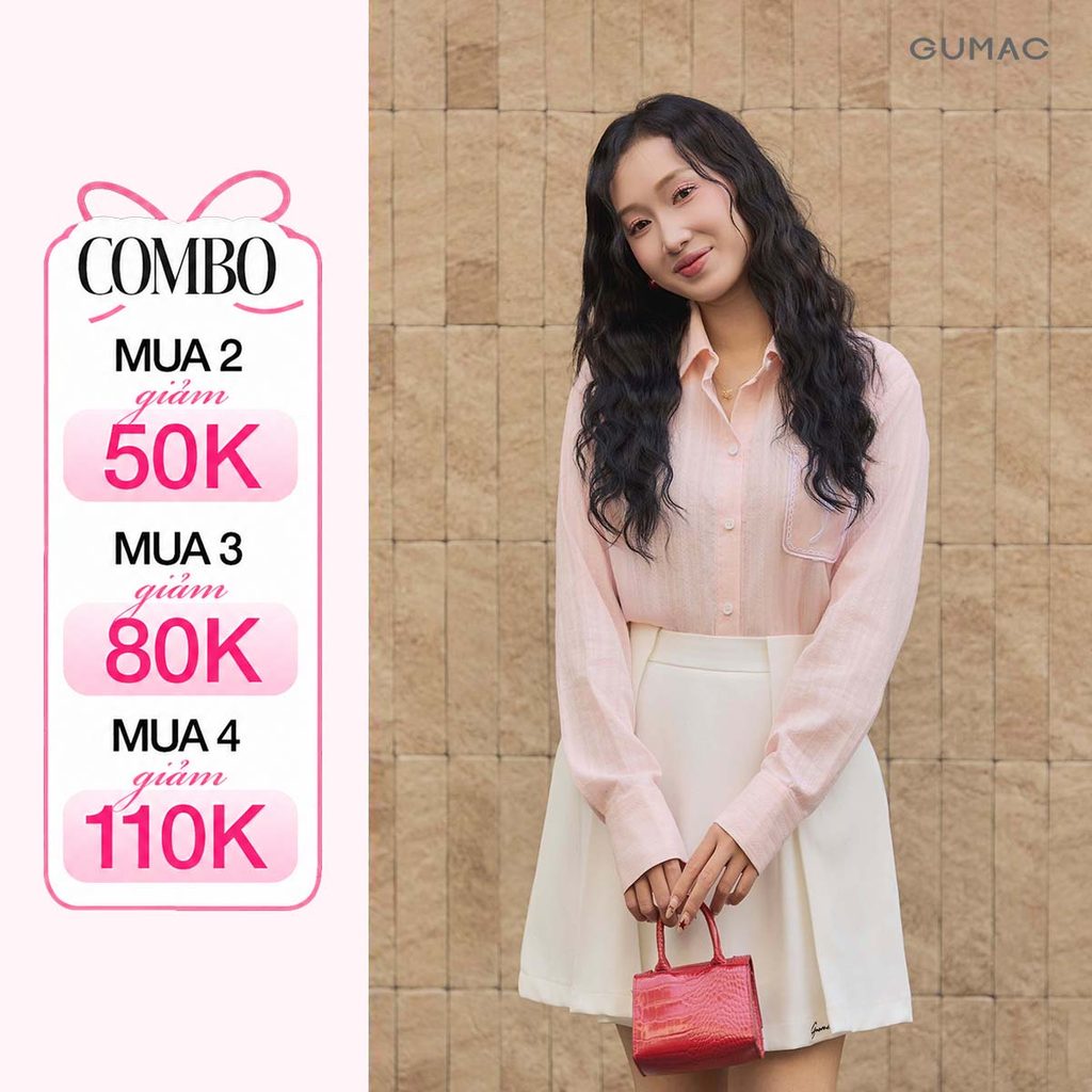 Áo Sơ Mi Nữ Tay Dài GUMAC Form Suông Rộng Có Túi Thêu Cách Điệu Giả Ren Cơ Bản YAG01025