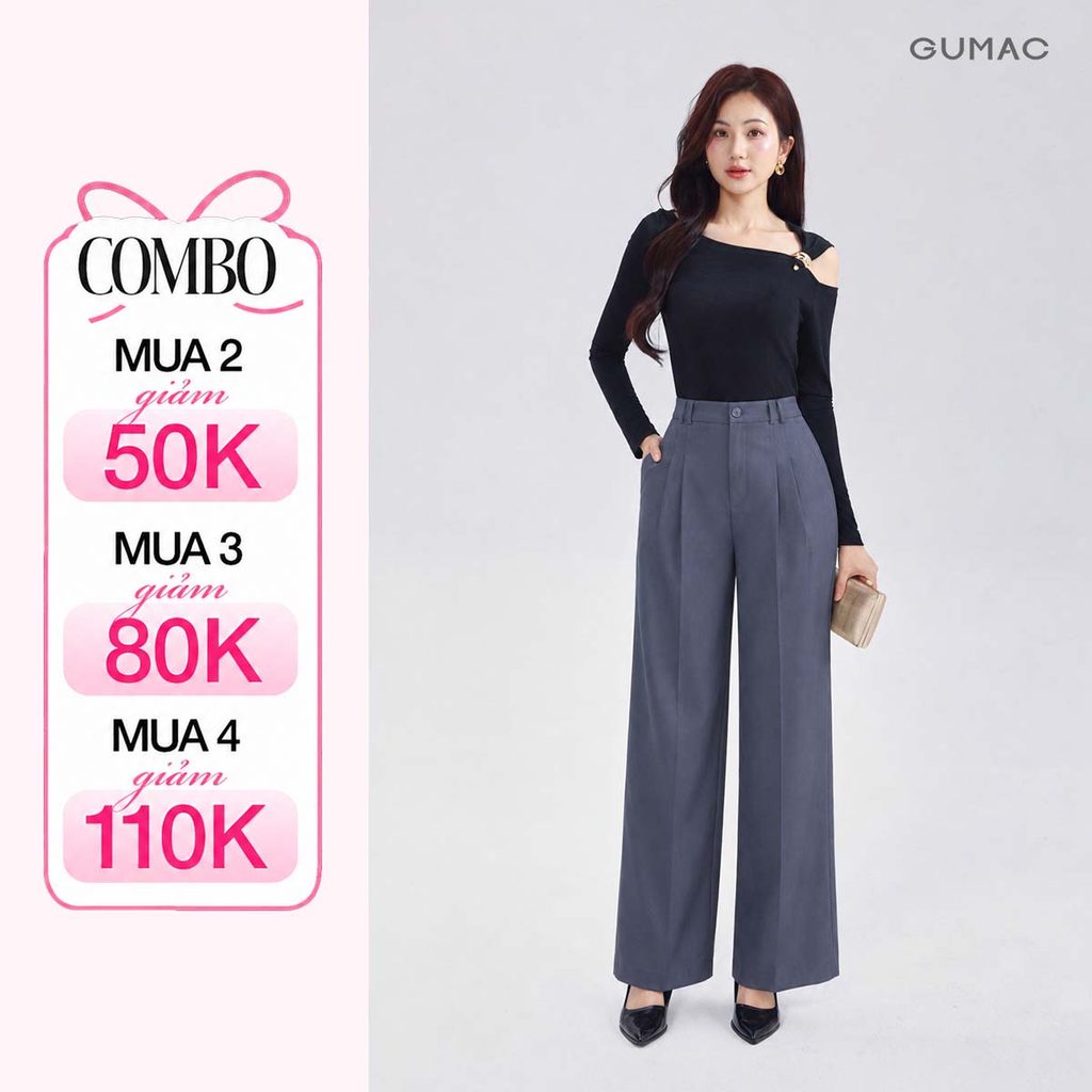 Quần Tây Nữ Ống Rộng GUMAC Xếp 2 Ly Túi Xéo Lưng Cao Chất Chéo Hàn Đứng Form Thanh Lịch LQG05069
