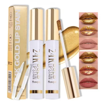 FeiCuiYun 2 Chiếc 24K Gold Peel Off Matte Liquid Lip Gloss Stain-Lip Liner có nhíp, Peel Off Lip Stain, Hình xăm son môi lâu trôi & không thấm nước, Son bóng môi chống chuyển cho Al