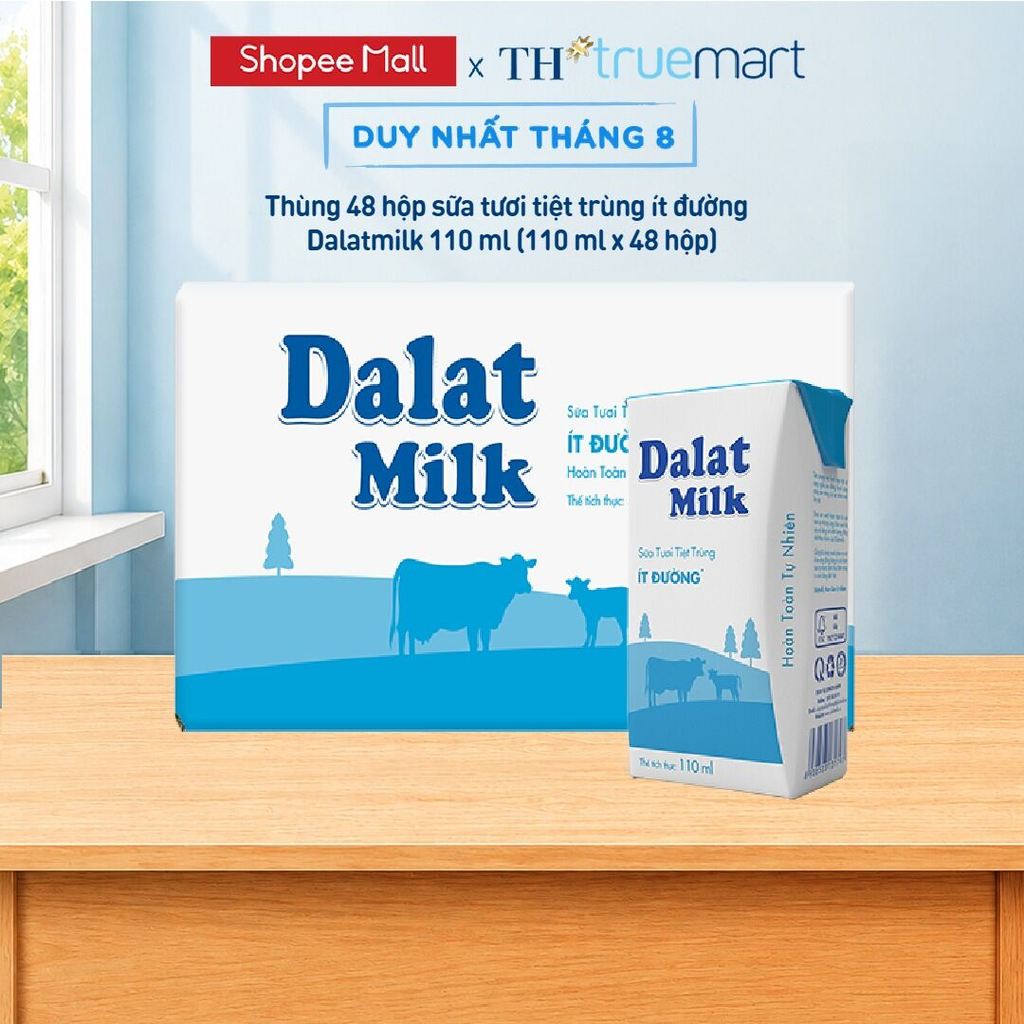 [LIVE STREAM] Thùng 48 hộp sữa tươi tiệt trùng Dalatmilk ít đường 110 ml (110 ml x 48)
