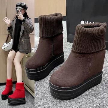 Tăng chiều cao 12CM, Giày bốt Martin đế dày nữ, Giày bốt nữ đế nêm thời trang thu đông, Giày bốt ngắn nâng cao bên trong cho nữ, đế bệt cỡ lớn miệng len, nữ