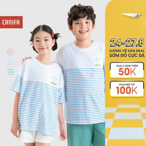 Áo phông unisex trẻ em CANIFA chất cotton USA mềm mát dáng rộng phối kẻ 3TS26S009