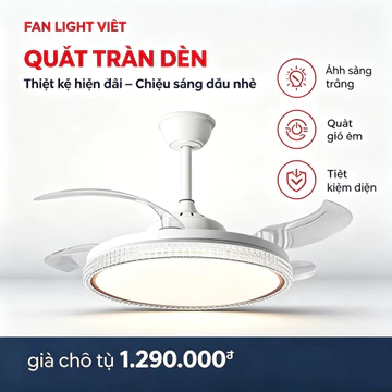 Quạt Trần Đèn Cánh Cụp Pha lê, Quạt Trần Đèn LED Cánh Ẩn Điều Khiển Từ Xa, 6 Tốc Độ Gió, 3 Chế Độ Đèn