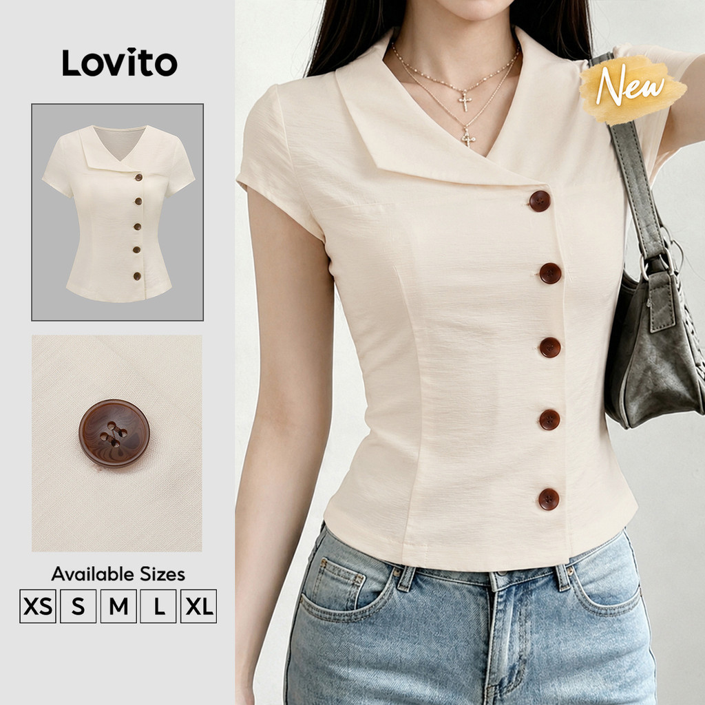 (New Arrival) Lovito Áo sơ mi nữ màu kaki nhạt thanh lịch cài nút trước dáng bất đối xứng mùa xuân/hè BLK9P1D471