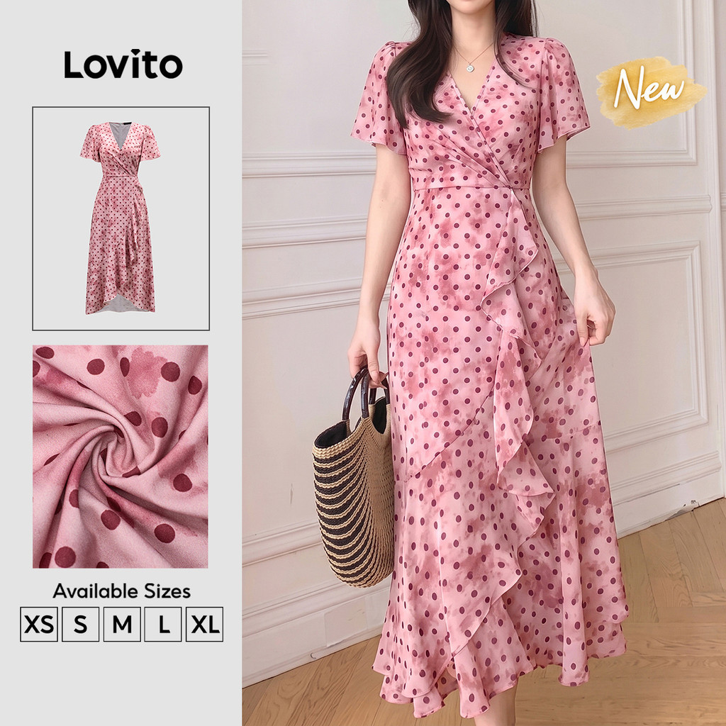 (New Arrival) Lovito Váy nữ màu hồng xuân hè thiết kế thanh lịch với chi tiết bèo nhún khóa kéo dáng bất đối xứng DRK9P1D1011