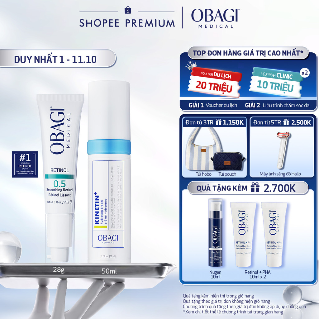 [PHIÊN BẢN MỚI] Bộ đôi Kem Dưỡng Đêm Obagi Retinol 0.5 (28g) và Kem dưỡng Clinical Kinetin+ Hydrating Cream 50ml