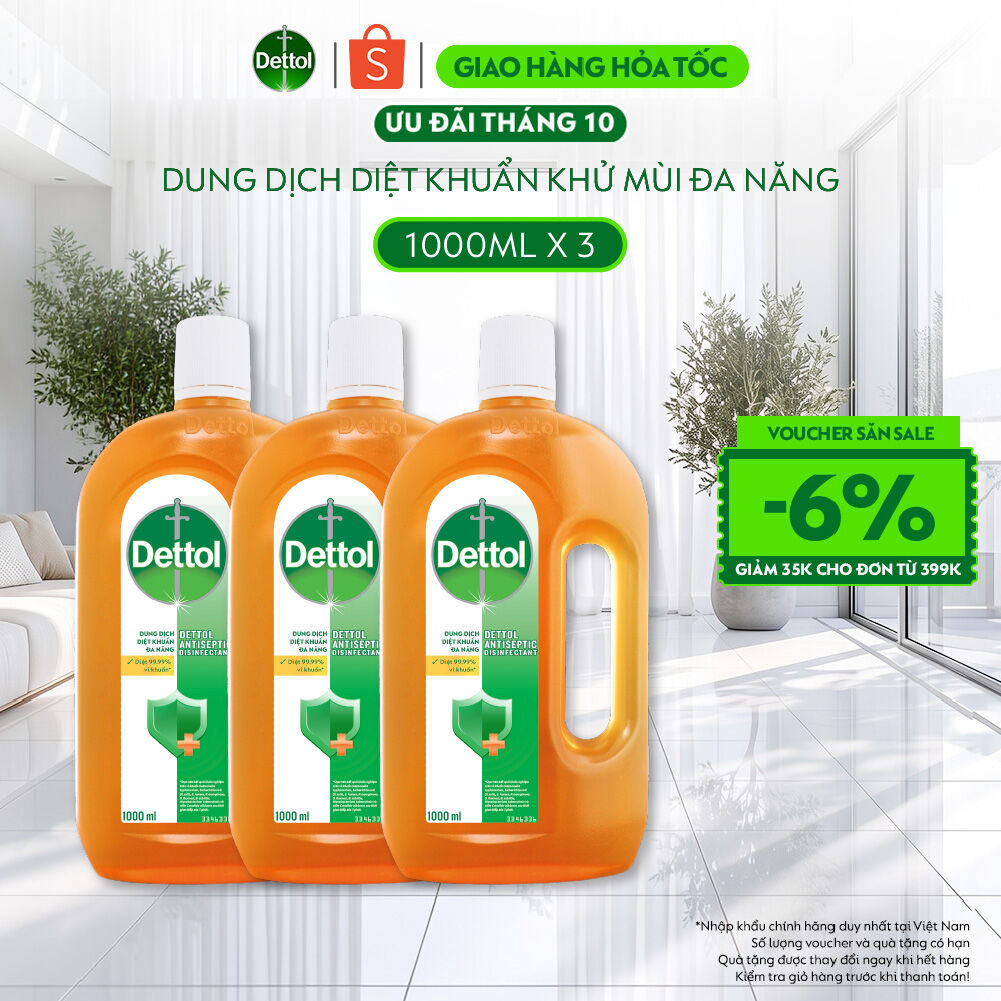 Combo 3 Dung Dịch Diệt Khuẩn Khử Mùi Đa Năng Dettol, Chai 1L