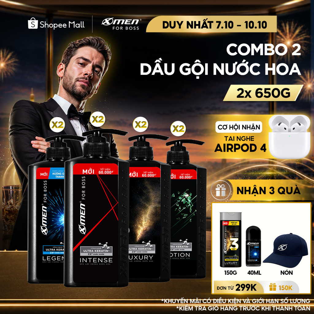 Combo 2 Dầu Gội Nam XMen for Boss 650g/chai Hương Nước Hoa Châu Âu-4 Mùi Hương Sang Trọng