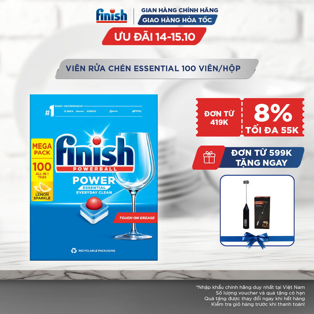 Viên Rửa Chén Bát Hương Chanh Finish Powerball Power Essential Lemon Sparkle - Hộp 100 viên tiết kiệm