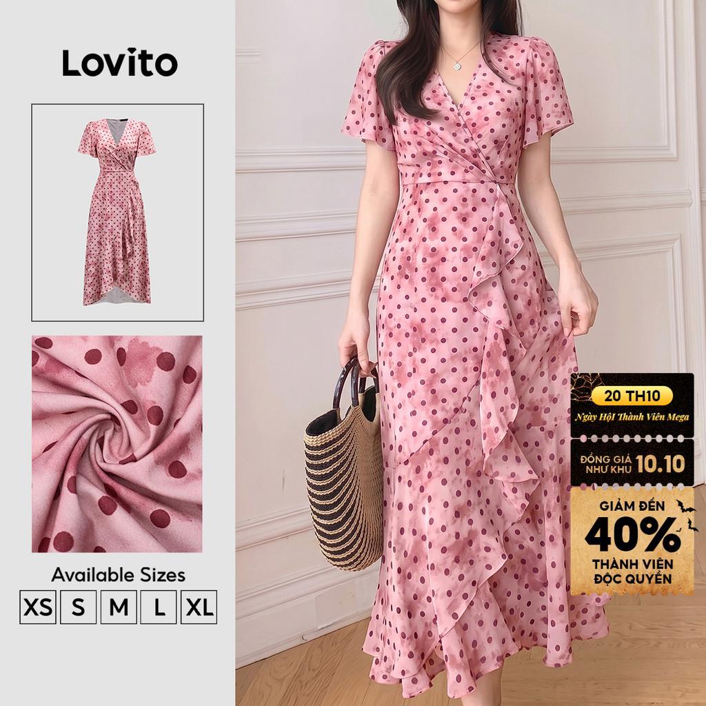Lovito Váy nữ màu hồng xuân hè thiết kế thanh lịch với chi tiết bèo nhún khóa kéo dáng bất đối xứng DRK9P1D1011