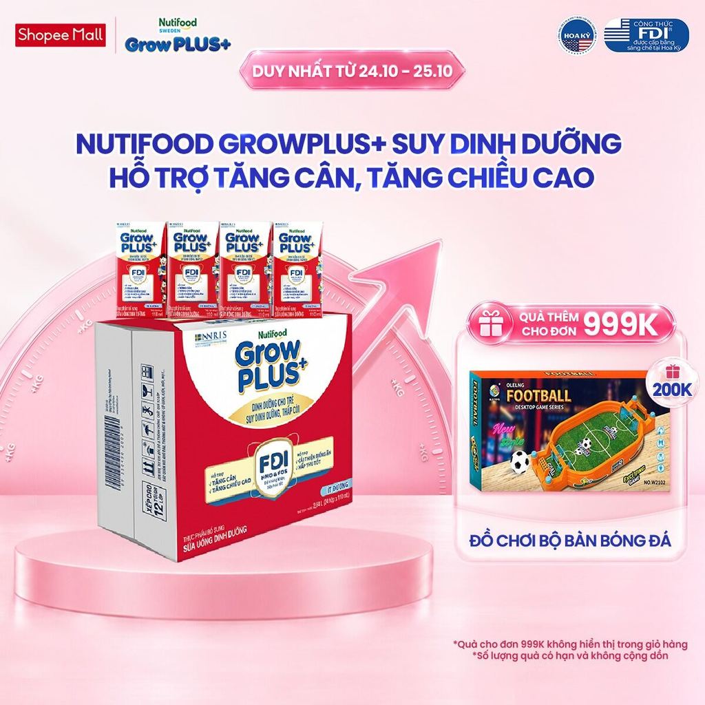 Thùng 24 hộp SBPS Nutifood GrowPLUS+ Suy Dinh Dưỡng (Đỏ) Ít đường 110ml - Tăng Cân, Tăng Chiều Cao (Bao bì tùy lô hàng)