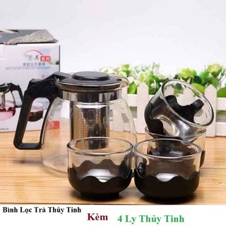 [2 IN1] Bình Lọc Trà Thủy Tinh 1300ml Sang Trọng-Bộ Bình Lọc Trà Thủy Tinh Kèm 4 Ly Lưới Lọc Inox 304